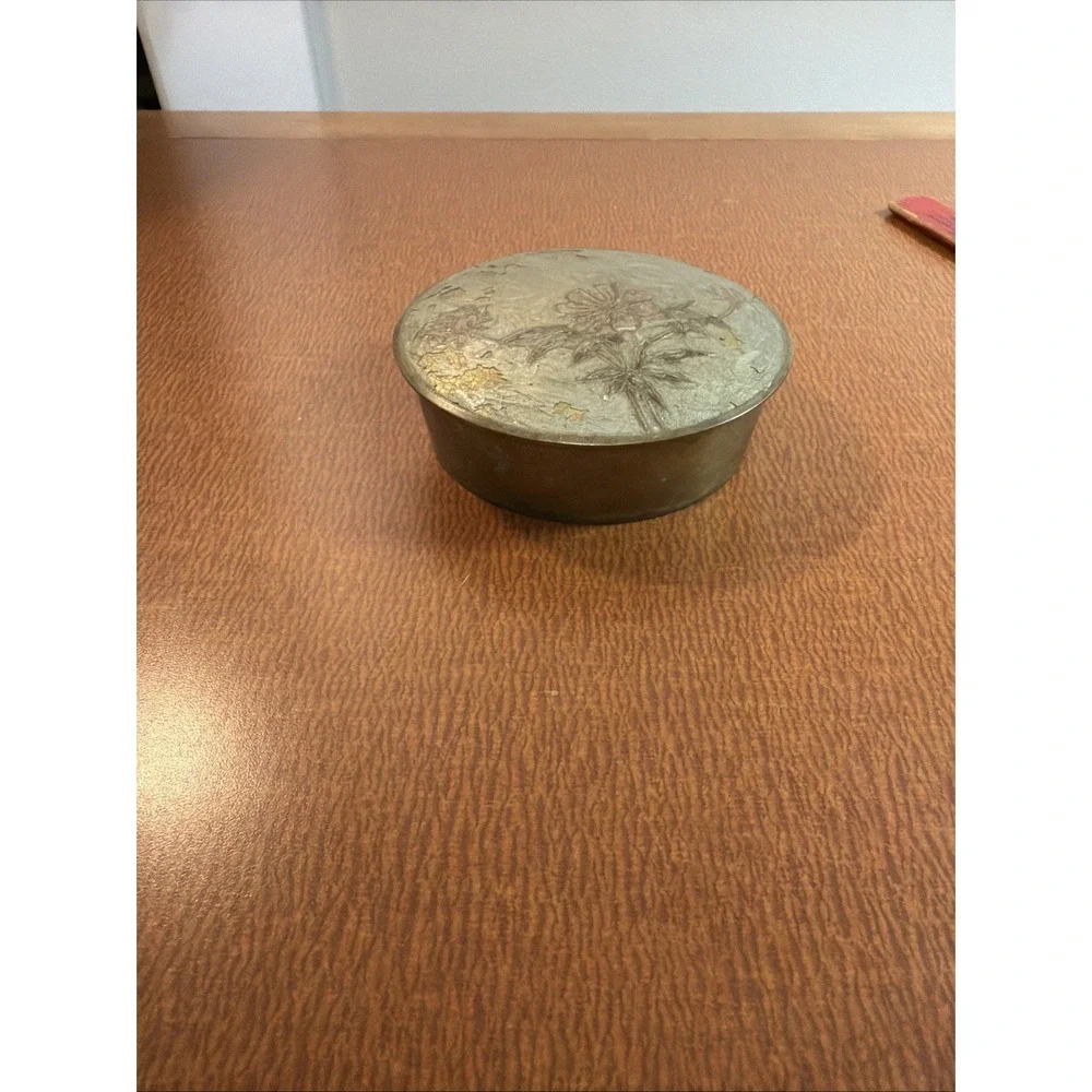 Vintage Round Brass Trinket Dish with Lid Painted Enamel Floral Design 4